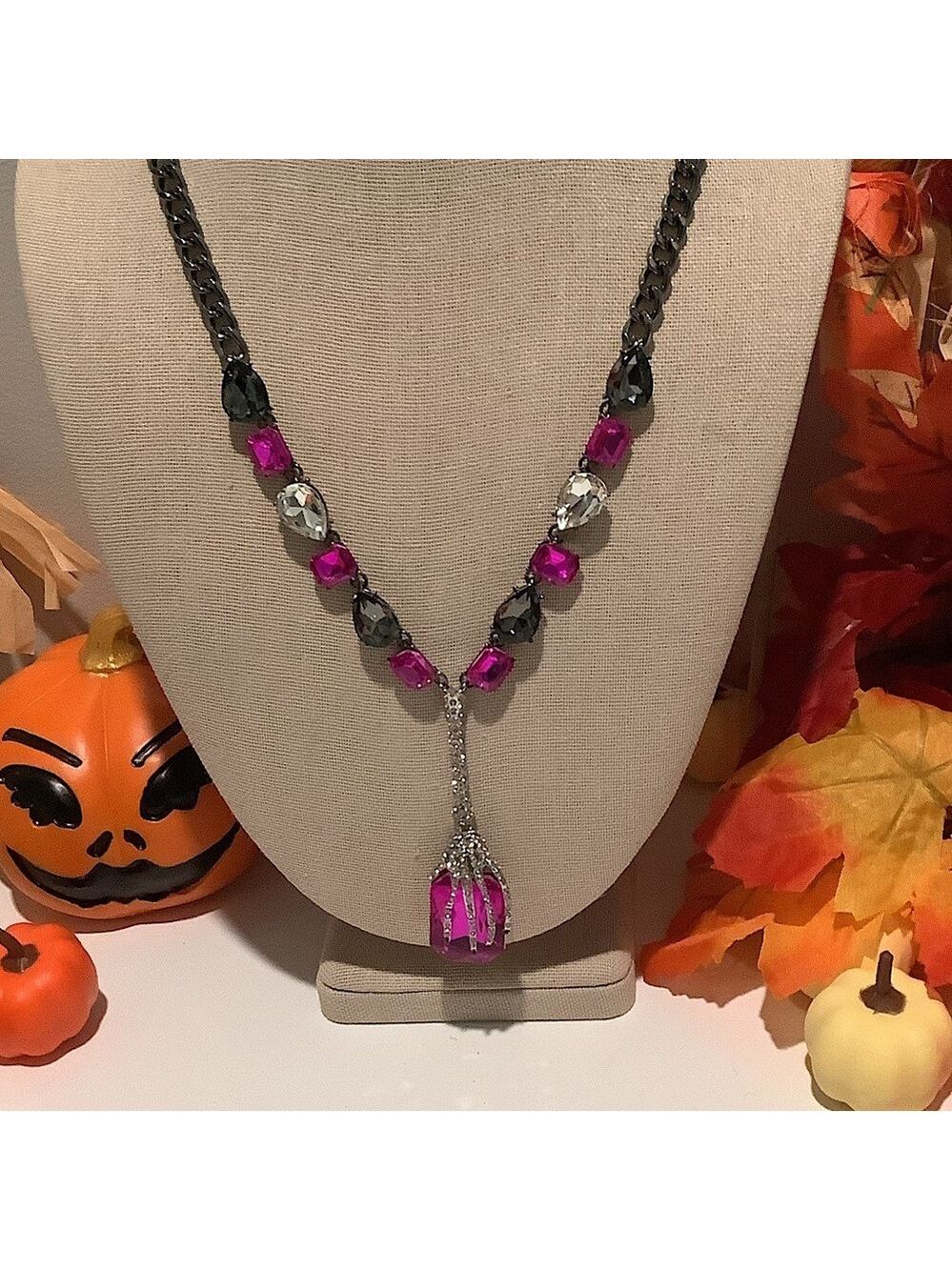 Betsey Johnson Skeleton Hand Pink Stone Halloween Necklace New